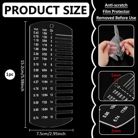 Acrylic Leather Thickness Gauge Tool For Quick Handy Measurements Of Metal Plate Thickness And Wire Diameter Easy Read Transparent Rectangular Gauge With Size Reference For Welding Inspections And Leather Crafting 5.9x2.9 Inch shown in product size and usage illustrations.
