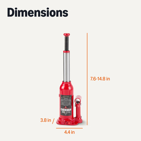 Amazon Basics red hydraulic bottle jack, 4-ton capacity, side view with 7.6–14.8 in lift height