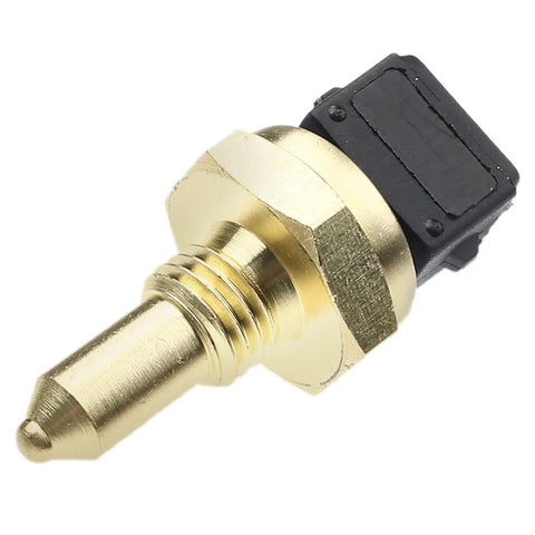 Close-up view of coolant temperature sensor with brass body, threaded shaft, and black plastic connector.