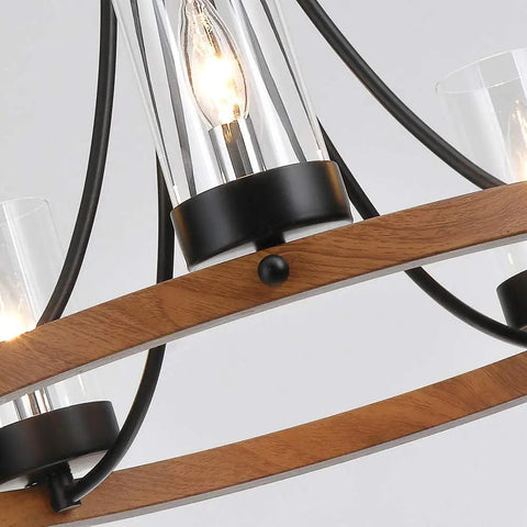 Detail of the Five Light Wagon Wheel Farmhouse Chandelier Pendant Ceiling Light With Round Wood Finish, E12 Base, Clear Glass