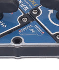 Close-up of two blue welding magnets with on/off switch, 28 kg max, 90-degree angle guide for metal fabrication
