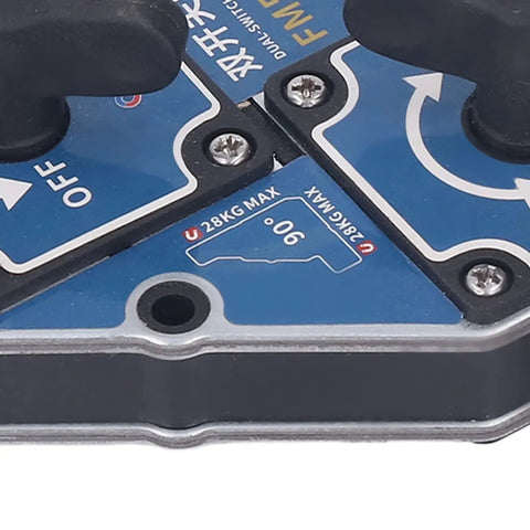 Heavy Duty Welding Magnet Holder with Dual Switch Design For Precise 90 Degree Angle Support And Reliable Fixing Up To 28kg Pull Force close-up of dual switch controls.