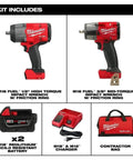 M18 FUEL 1/2 Inch Hi Torque And 3/8 Inch MTIW Automotive Combo Kit Red 3010-22 showing impact wrenches, battery, charger, and bag