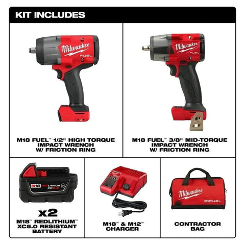 M18 FUEL 1/2 Inch Hi Torque And 3/8 Inch MTIW Automotive Combo Kit Red 3010-22 showing impact wrenches, battery, charger, and bag