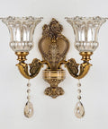 Old-School Antique Brass Wall Sconce With Two Heads, Beveled Crystal Shade, Vintage Floral Design, Retro Vibe Hardwired Lighting