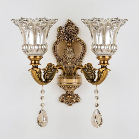 Old-School Antique Brass Wall Sconce With Two Heads, Beveled Crystal Shade, Vintage Floral Design, Retro Vibe Hardwired Lighting