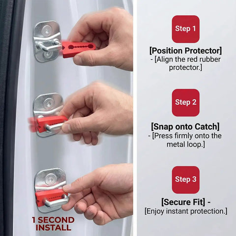 Dead Quiet Car Door Latch Covers 4 Pack demonstrating installation steps with red TPR cushion on car latch.
