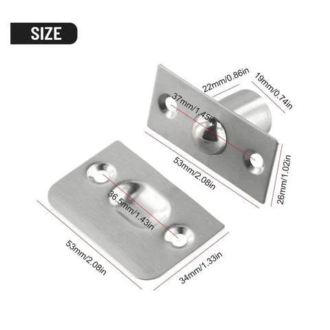Top Quality Ball Catch For Cabinet Doors With Hidden Invisible Spring Latch Mechanism And Stainless Steel Bead Clamp, dimensions shown.