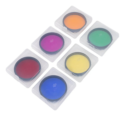 6 Piece 2 Inch Telescope Eyepiece Filter Kit Moon Filter With M48x0.75mm Threads Eyepiece Filters In Storage Case shown in six colors