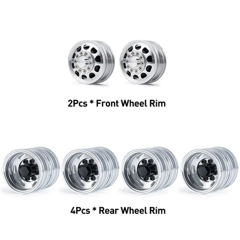 RC Car Repair Kit One Fourteenth Scale Aluminum Alloy Front And Rear Wheel Rim Hub 6x6 Set visible with 2 front, 4 rear rims