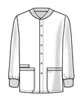 Illustration of Mens Scrub Jacket With Snap Front And Three Pockets Knit Cuffs Fade Resistant Two Way Stretch Fabric Cell Pocket.