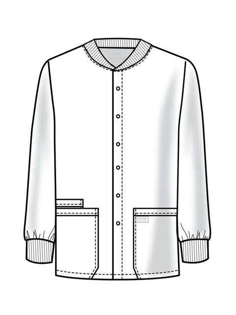 Illustration of Mens Scrub Jacket With Snap Front And Three Pockets Knit Cuffs Fade Resistant Two Way Stretch Fabric Cell Pocket.