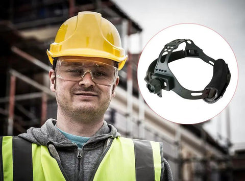 Worker in safety gear with inset of Universal Welding Helmet Rear Sweatband With Air Cushion Foam, Soft And Comfortable Fit.