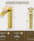 Dimensions of Gold Vessel Sink Faucet Brushed Gold Tall Bathroom Vanity Faucet With Waterfall Flow 304 Stainless Steel Single Handle