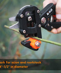 Close-up of All In One Garden Grafting Tool Kit With Pruning Scissors for fruit tree branch, showing U graft blade.