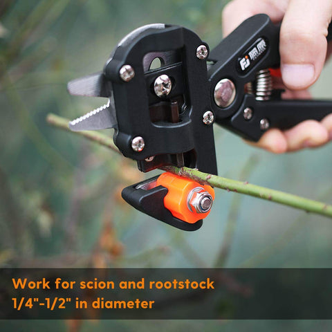 Close-up of All In One Garden Grafting Tool Kit With Pruning Scissors for fruit tree branch, showing U graft blade.