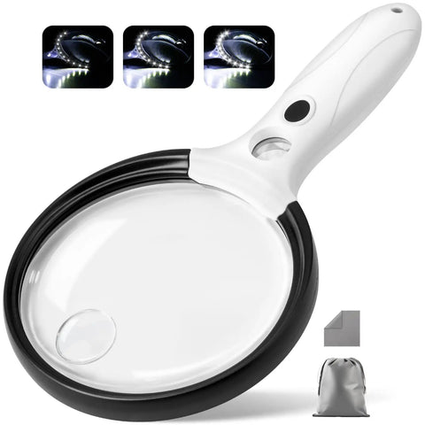 Handheld Illuminated Magnifier With 10x 25x 45x Zoom And 12 LED Lights Three Light Modes Large Five Point Two Inch Optical Lens