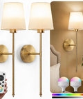 Premium Gold Wall Sconces Set Of 2, Wireless Rechargeable And Dimmable Battery Operated Lights showcased with remote and lamps.