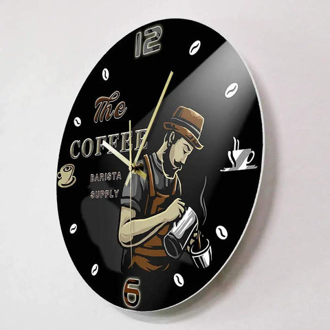 Barista Coffee Wall Clock 12 Inch Acrylic Print Battery Operated Silent Quartz Timepiece For Cafe Shop Decor Gift For Coffee Lovers