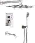 Shower System With Tub Spout 12-Inch Rainfall Head 3-Function Faucets Set Complete Brushed Nickel Trim Kit With Pressure Balance Valve