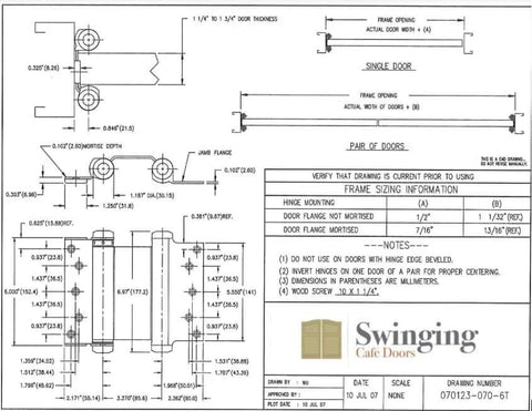 Technical drawing of Heavy Duty 6 Inch Double Action Swinging Door Hinges For Saloon And Cafe Bar Doorways Commercial Grade With Adjustable Tension.