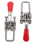 Heavy Duty Adjustable Toggle Clamp Latch Made From Stainless Steel, showing red pull handle, suitable for cabinet doors.