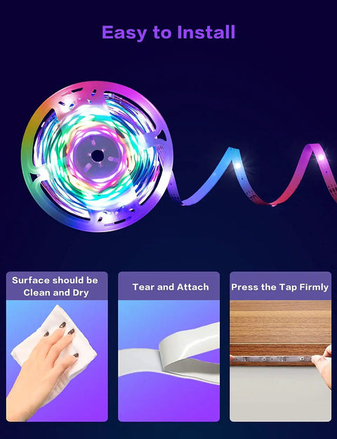 Dreamcolor RGBIC LED Strip Lights 33ft for Bedroom installation steps with cleaning, attaching, and pressing instructions.