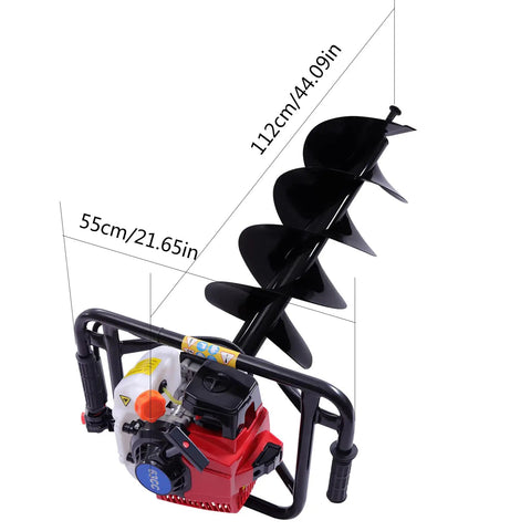 Gas Powered Post Hole Digger 62cc 2 Stroke Earth Auger With 12 Inch Bit dimensions shown