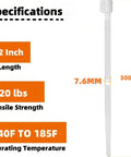 White Zip Ties 12 Inch 100 Pack Heavy Duty Self Locking Nylon Cable Ties 120 Lbs Tensile Strength Perfect For Indoor And Outdoor Use Weather Resistant Bundle Organizer For Wires Cables Hoses And Garden Projects with specifications highlighting 12 inch length, 120 lbs tensile strength, and operating temperature range from -40F to 185F.