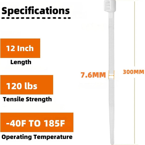 White Zip Ties 12 Inch 100 Pack Heavy Duty Self Locking Nylon Cable Ties 120 Lbs Tensile Strength Perfect For Indoor And Outdoor Use Weather Resistant Bundle Organizer For Wires Cables Hoses And Garden Projects with specifications highlighting 12 inch length, 120 lbs tensile strength, and operating temperature range from -40F to 185F.