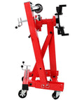 Heavy Duty 1500 Lbs Engine Stand Featuring Smooth Geared 360 Spin Foldable Motor Hoist with red steel frame and locking casters.