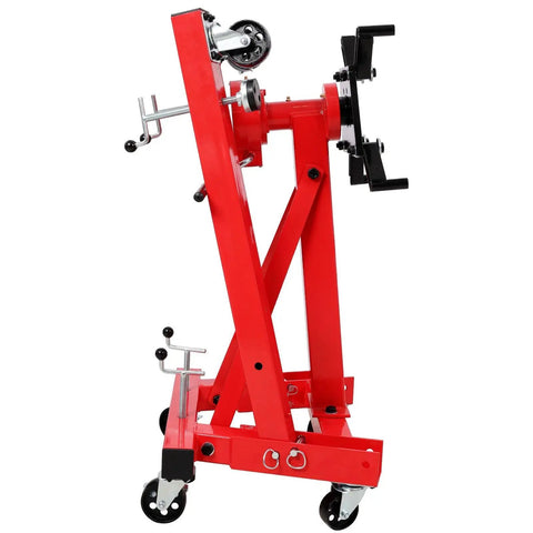 Heavy Duty 1500 Lbs Engine Stand Featuring Smooth Geared 360 Spin Foldable Motor Hoist with red steel frame and locking casters.