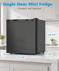 Solid 1.6 Cu Ft Mini Fridge With Dedicated Freezer Knockout Compact Cooler, shown in compact black design, dimensions 17.52 x 18.70 x 17.13 inches.