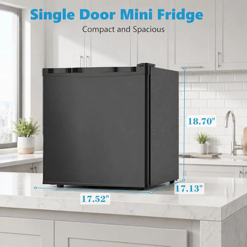 Solid 1.6 Cu Ft Mini Fridge With Dedicated Freezer Knockout Compact Cooler, shown in compact black design, dimensions 17.52 x 18.70 x 17.13 inches.