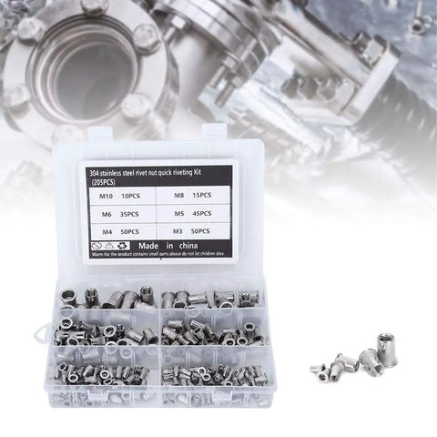 205-Piece M3 To M10 Stainless Steel Rivet Nut Kit With Quick Riveting, Clear Box, For Metal Sheets And Pipes