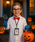 Child in Mad Scientist Costume Kit For Kids With Thick White Lab Coat Goggles Magnifying Glass Gloves And Bow Tie For Boys And Girls Ages 3 To 12 Halloween Dress Up And Birthday Parties holding pumpkin