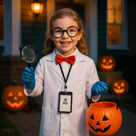 Child in Mad Scientist Costume Kit For Kids With Thick White Lab Coat Goggles Magnifying Glass Gloves And Bow Tie For Boys And Girls Ages 3 To 12 Halloween Dress Up And Birthday Parties holding pumpkin