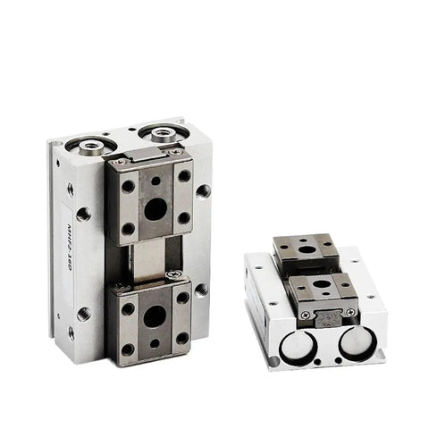 Heavy Duty Low Profile Air Cylinder And Parallel Gripper Compatible With Mhf Series Systems Smooth Rail Slide Action Solid Linear Motion Control Built Tough For Serious Industrial Workloads That Never Skip A Beat
