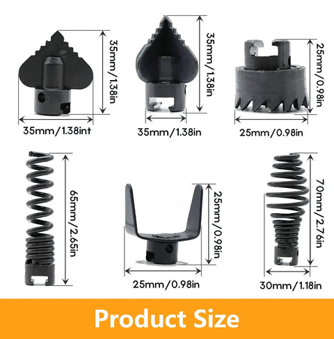 Seven Piece Drain Cleaner Cutter Heads Set sizes and shapes with 16mm manganese steel for drain augers