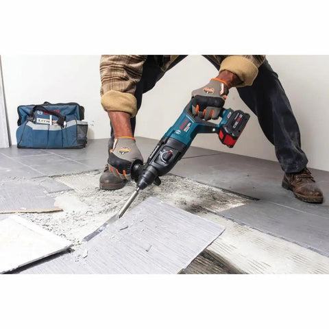 Worker using 5 Inch Wide Floor Scraper Replacement Kit For SDS Plus Bulldog Tools With Durable Steel Blade Bolts Nuts And Washers