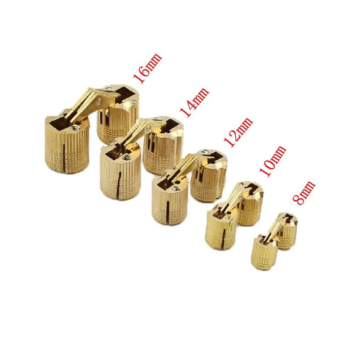 4 Pack Copper Barrel Hinges Hidden 180 Degree Opening For Doors Tables And DIY Furniture Hardware Fits 10 To 18 Mm Bore 14 Mm Size Durable Copper Construction with various sizes shown.