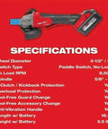 Pro Grade 18V Cordless Angle Grinder Kit With One Key Smart Tech Braking Disc System specifications on a red background.