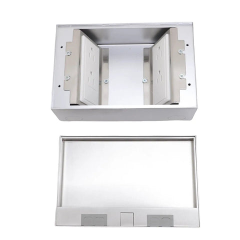 Heavy Duty Recessed Floor Power Outlet Kit With Four Receptacles And A Stainless Steel Top showing dual outlets and stainless steel cover.
