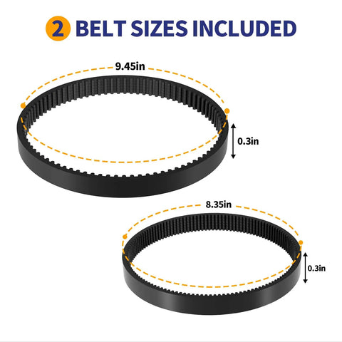 Replacement Belt Set For ProHeat 2X Revolution Pet Pro Carpet Cleaner Fits 1986 1548 1551 2007 1964 2007P Replaces 1611129 1611130 Includes Brush And Gear Belts Two Pack Easy Install showing two belts with dimensions.