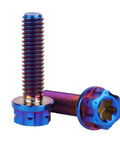 Four Pack M4X15MM Grade Five Titanium Torx Flange Bolts Burnt Blue Finish, showing two bolts with a vibrant blue finish.