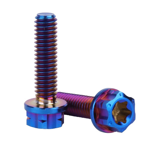 Four Pack M4X15MM Grade Five Titanium Torx Flange Bolts Burnt Blue Finish, showing two bolts with a vibrant blue finish.