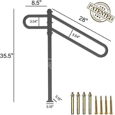 Tough As Nails Outdoor Single Post Wrought Iron Stair Rail For 1 To 3 Steps, Heavy Duty Metal Handrail With Powder Coated Rust Resistant Finish, Weatherproof Porch Or Garage Stair Railing, 28 Inch Long By 8.5 Inch Wide Base, 35.5 Inch Tall