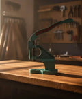 Heavy Duty Cast Iron Manual Press Machine Featuring Smooth Spring Return Arbor Press for riveting eyelets on a wooden table.