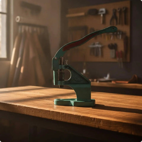 Heavy Duty Cast Iron Manual Press Machine Featuring Smooth Spring Return Arbor Press for riveting eyelets on a wooden table.