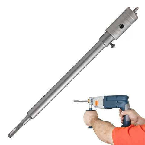 Heavy Duty Hole Saw Kit With Carbide Tips For Drilling Concrete Stone And Masonry Bricks Featuring Long Lasting Tool Steel Build Perfect For Electrical Installations And Home Improvement Projects That Need Reliable Performance. 30mm carbide-tipped drill bit in use on a power drill